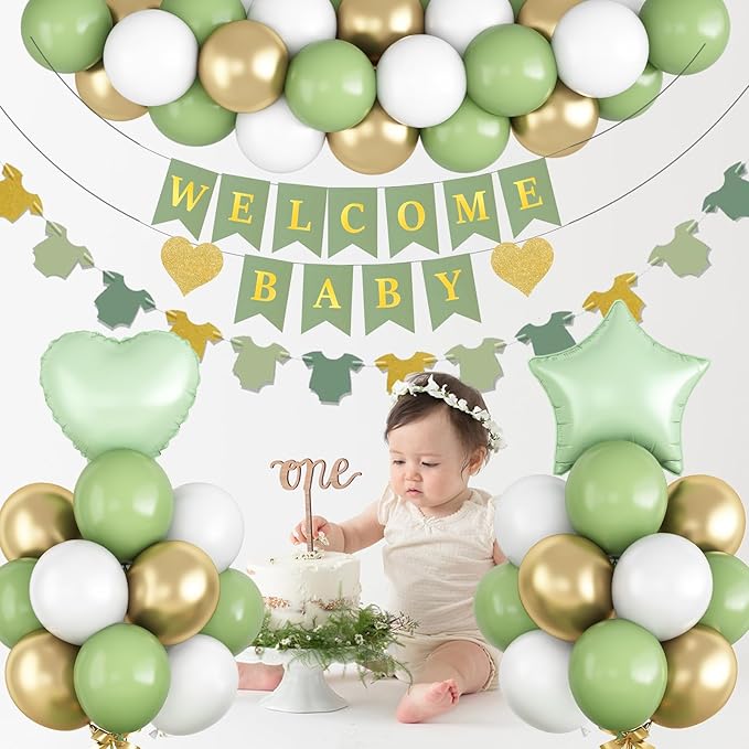 Sage Green Baby Shower Decorations Olive Green Gold White Oh Welcome Baby Balloon Set with Star Heart Foil Balloons Shower Bunting Banner Bodysuit Garland Neutral Gender Reveal Party for Boys Girls