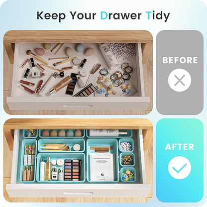 【𝟮𝟴𝗣𝗖𝗦】 【𝟱𝗦𝗶𝘇𝗲】 BlueGreen Drawer Organizer, Makeup organizer, 【Holds 177 Items】 Bathroom Organizers and Storage, Plastic Desk Organizer Divider, Organizer Bins for Office Vanity A-LUGEI