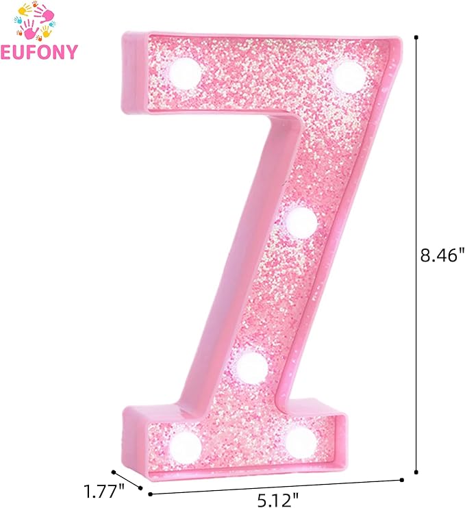 Pink LED Light Up Marquee Numbers, Glitter Lighted Numbers Signs Battery Operated for Girls 7th 17th Birthday Party Decorations, Room Table Top Wall Decor, Pink Number 7 with Cool White Lights