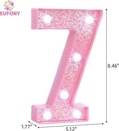 Pink LED Light Up Marquee Numbers, Glitter Lighted Numbers Signs Battery Operated for Girls 7th 17th Birthday Party Decorations, Room Table Top Wall Decor, Pink Number 7 with Cool White Lights