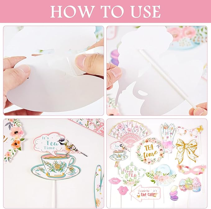 SUNBEAUTY 14 Pcs Tea Party Photo Booth Props Tea Party Decorations Alice in Wonderland Party Supplies Garden Party Bridal Shower for Girls Women