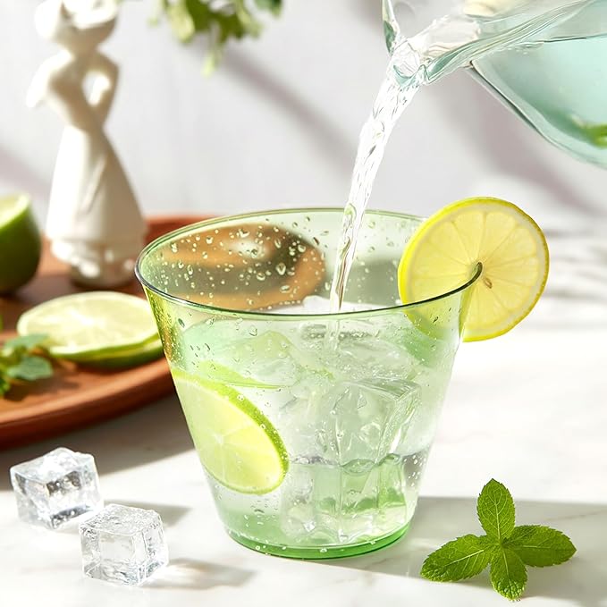 150 Pack Plastic Cups 9 oz Green Clear Plastic Cups for Cocktail Fancy Disposable Cup for Party Stemless Wine Glasses for Wedding Thanksgiving Christmas Party Graduation