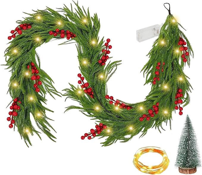 6FT Pre-Lit Christmas Garland with Mini Christmas Tree, Artificial Christmas Green Rattan Pine Cypress Garland, Seasonal Garland for Mantle Stairs Table Fireplace Xmas Decoration