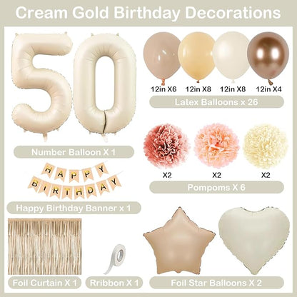 Beige 50th Birthday Decorations for Women Cream Number 50 Balloon Nude Gold Happy Birthday Banner Fringe Curtain Paper Pom Poms Blush White Sand Champagne Star Foil Balloons Neutral Boho Party Decor