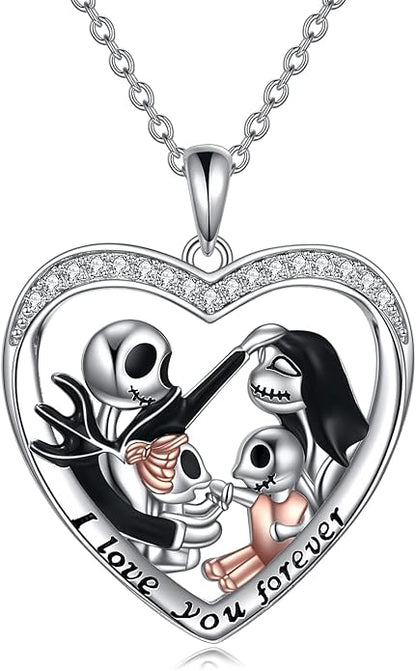 LILALO Christmas Gifts Nightmare Necklace Sterling Silver Abalone Shell Crystal Jack and Sally Necklace Jack Skellington Skull Jewelry Skull Necklaces for Women