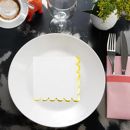 200 Pack White and Gold Paper Napkins Scalloped Cocktail Napkins White Disposable Beverage Napkins for Birthday Baby Shower Wedding Party Supplies Dinnerware Tableware Decorations