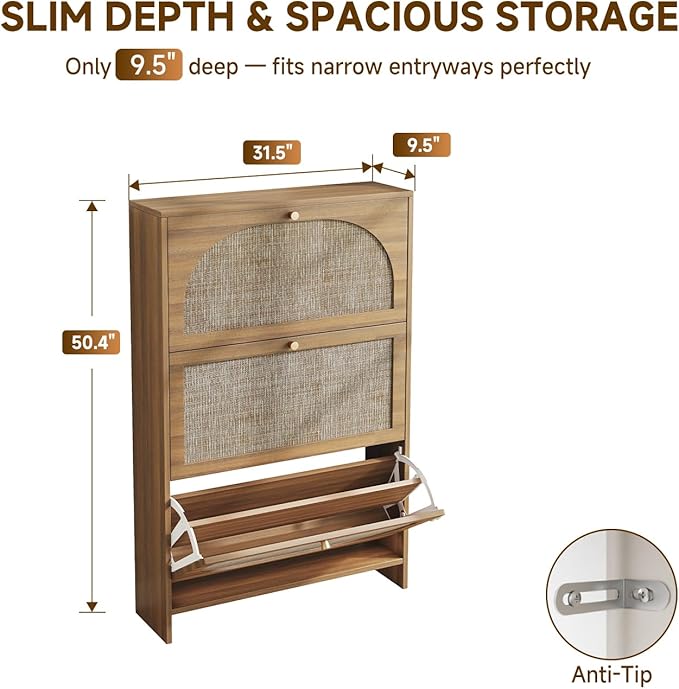 Nicetree Freestanding Ultra Slim Arched Rattan Accent Shoe Storage Cabinet for Entryway - 3 Flip Drawers & 3-Tier Adjustable Shelves, Farmhouse Modern Rustic Shoe Rack for Hallway Foyer,Oak