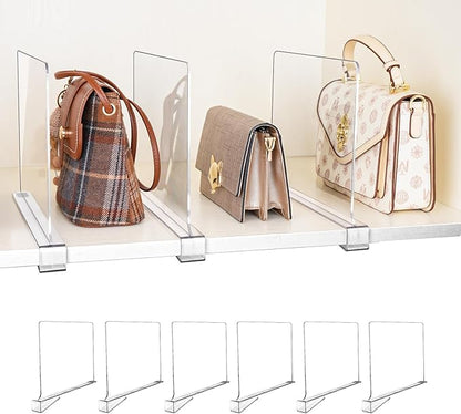 6 Pack Shelf Dividers, Adjustable Shelf Dividers for Closet Organization with Non-Slip Design, Clear Acrylic Shelf Dividers for Clothes, Handbags, Purses, Towels, Bookshelf in Home Organization