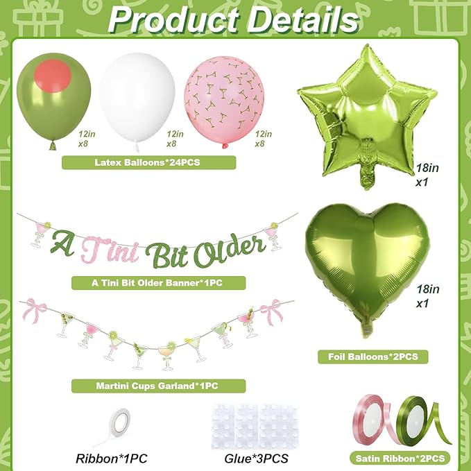 A Tini Bit Older Birthday Decorations Glitter Pink Green Balloon Set Star Heart Foil Balloons Martini Glasses Bunting Banner Garland Cocktail Night Party Bar for Girls Women Bachelorette Bridal Shower