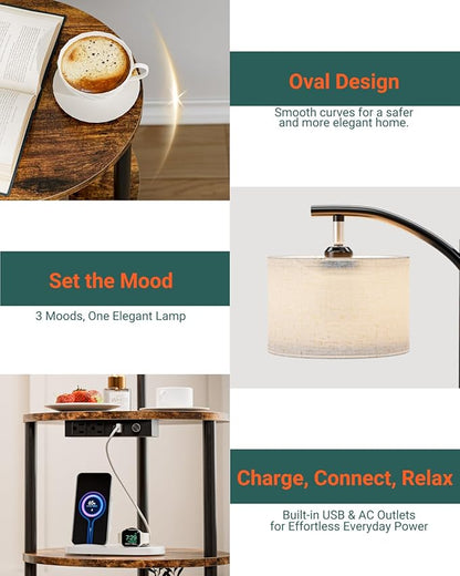 Round Side Table with Lamp and USB Ports, 3-Tier Small End Table for Living Room & Bedroom, Rustic Wood Metal Nightstand for Small Spaces, Easy to Assemble, Rustic Brown
