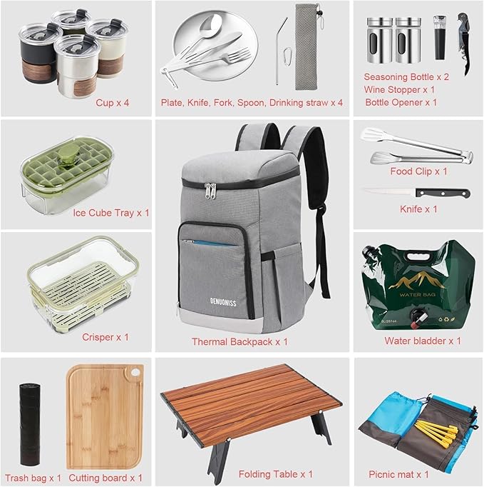 Picnic Backpack Bundle 15-in-1 Set Camping Gear with Fold Table & Waterproof Blanket & Stainless Steel Utensils for 4-Person Family Hiking Essentials