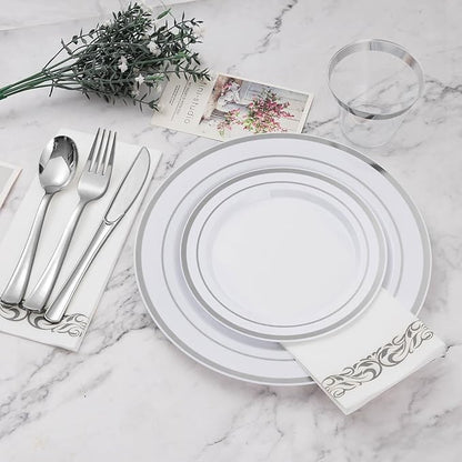 BESTVIP 700 PCS Silver Dinnerware Set for 100 Guests, Plastic Dinnerware Set for Party, Wedding, Christmas, Halloween, Include: 200 Plastic Plates, 100 Silver Silverware, 100 Cups, 100 Paper Napkins