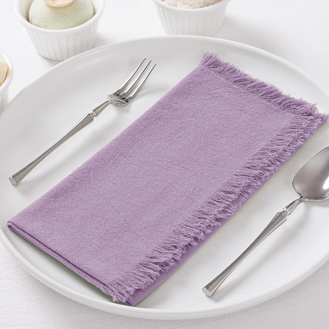 12 Pack Purple Cotton Linen Napkins with Fringe Christmas Cloth Napkins Set of 12 Boho Handmade Holiday Napkins Bulk for Wedding Bridal Baby Shower Xmas Dinner Table Parties, 17 x 17 Inches