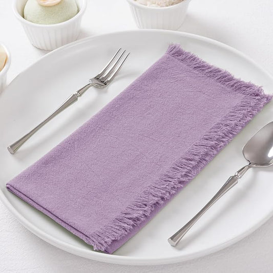 12 Pack Purple Cotton Linen Napkins with Fringe Christmas Cloth Napkins Set of 12 Boho Handmade Holiday Napkins Bulk for Wedding Bridal Baby Shower Xmas Dinner Table Parties, 17 x 17 Inches
