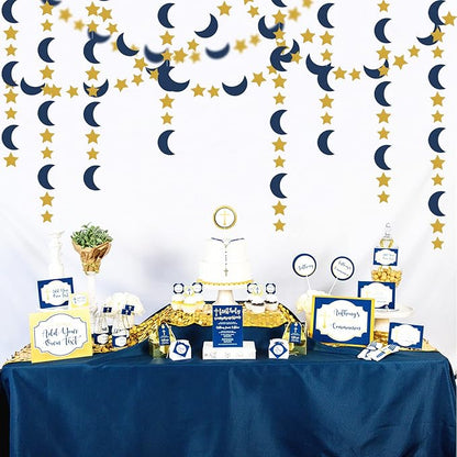 Navy-Blue Gold Moon-Star Party-Decorations Garland - 52Ft Twinkle Little Star Hanging Decoration Streamers Banner, Eid Ramadan Mubarak Decoration Birthday Wedding Baby Shower Party Decor Panduola