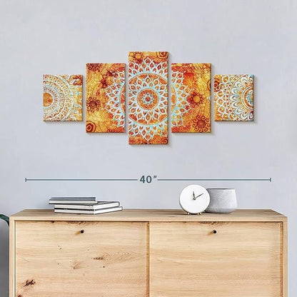 ElephantStock - Sun Like Mandala Symbols Wall Art - Horizontal Multi Panel Canvas - 5 Piece Living Room Wall Decor - Digital Art Elements Multi Piece Wall Art - Orange And Blue Decor - 36" x 15"