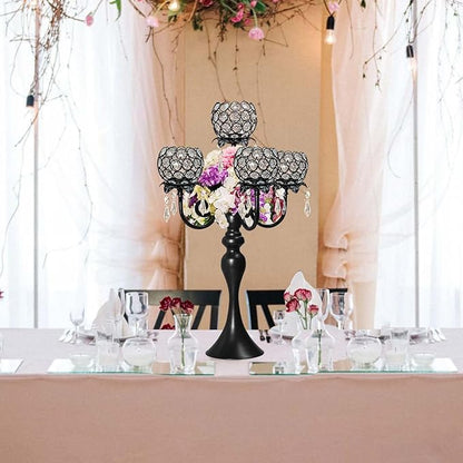 22.5" Black Metal & Crystal Tea Light Candle Holder - Wedding, Party Centerpiece for Events, Decorative Chandelier (1, Black)