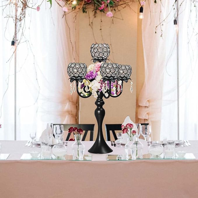 Set of 4 Crystal Tea Light Candle Holders - 22.5" Tall Metal & Crystal Centerpiece with Weighted Base for Birthday Valentine Dinner Table Decor- Matte Black