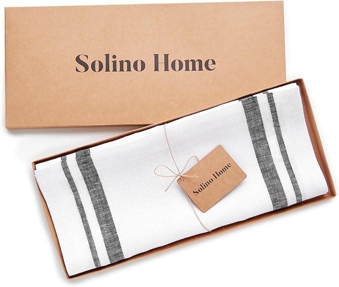 Solino Home Striped Linen Table Runner 36 Inches - 100% Pure Linen Black and White French Stripe Small Table Runner 14 x 36 Inch Ideal for Dresser and Coffee Tables - Fall, Winter