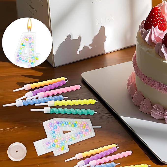 Number Birthday Candle with 12PCS Spiral Candles and A Birthday Card - Perfect for Celebrating Birthdays (Macaron Glitter, Number 4)