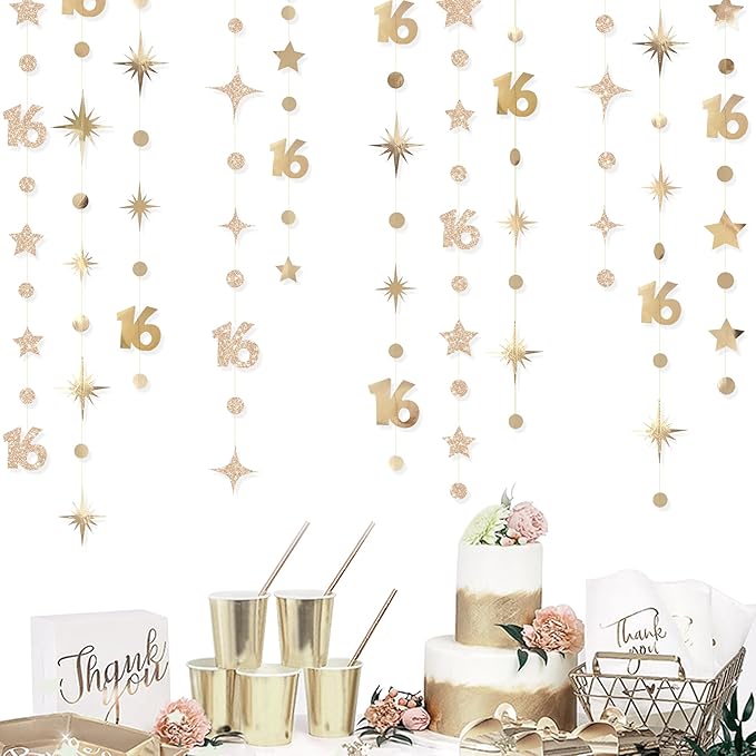 Champagne Gold Number 16 Circle Dot Twinkle Star Garland Streamer Bunting Banner Backdrop Decorations for Girls Happy 16th Birthday Sweet Sixteen 16th Anniversary Cheers to 16 Years Party Decor