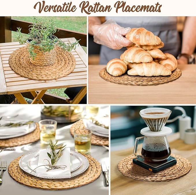 13.8 in Round Boho Placemats Table Mats Set of 8, Farmhouse Rustic Woven Plate Charger for Dinner Plates, Rattan Jute Wicker Braided Place Mats Chargers for Dining Table Decor