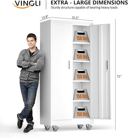 VINGLI Rolling Metal Storage Cabinet with Adjustable Shelves, 71'' Tall Garage Storage Cabinet with Wheels, Locking Tool Cabinets for Home Office Garage Gym School (White)