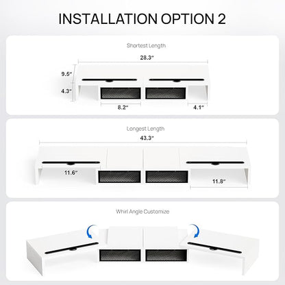 ZIFTY Dual Monitor Stand Riser for 3 Monitors, Desk Organizer with 2 Drawer and Smartphone Holder, Adjustable Length & Angle Workspace Organizers for Monitors Laptop Printer Computer, White