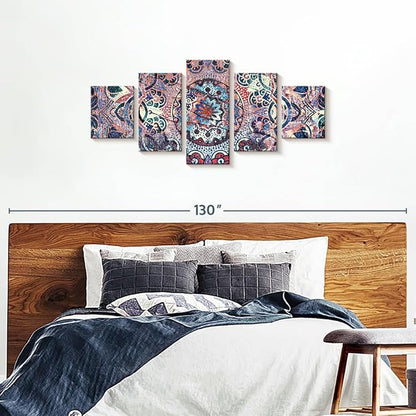 ElephantStock - Mandala Enchantment Wall Art - Horizontal Multi Panel Canvas - 5 Piece Living Room Wall Decor - Digital Art Elements Multi Piece Wall Art - Blue And Beige Decor - 74" x 34"