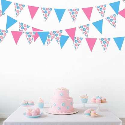 32Ft Cartoon Birthday Party Decorations Pink Blue Hawaiian Hibiscus Flower Triangle Flag Pennant Banner Fabric Garland Streamer for Luau Hawaii Tropical Ohana Baby Shower Gender Reveal Summer Decor
