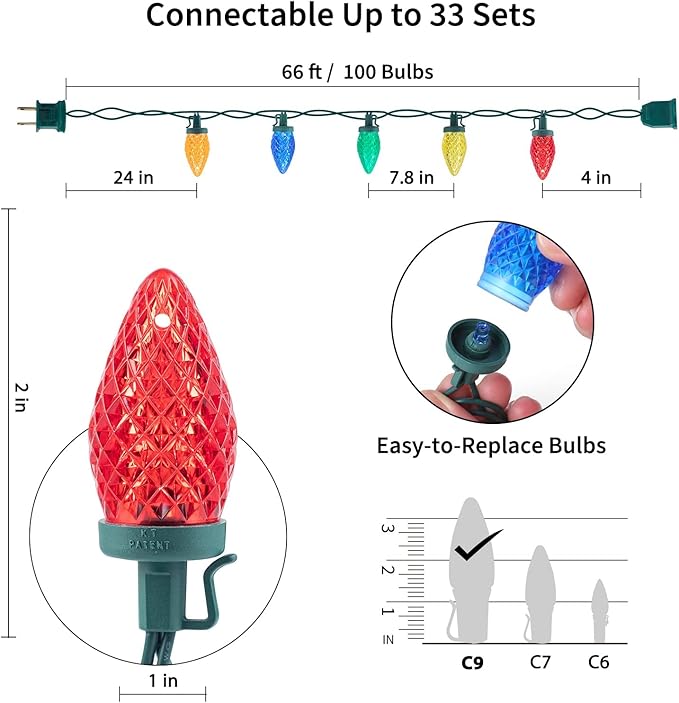 Brightown C9 Christmas String Lights Multicolor, 66ft 100 LED Faceted Christmas Lights on Green Wire, Plug-in Large Bulb Strawberry String Lights for House Roof Roofline Christmas Tree Party Outdoor