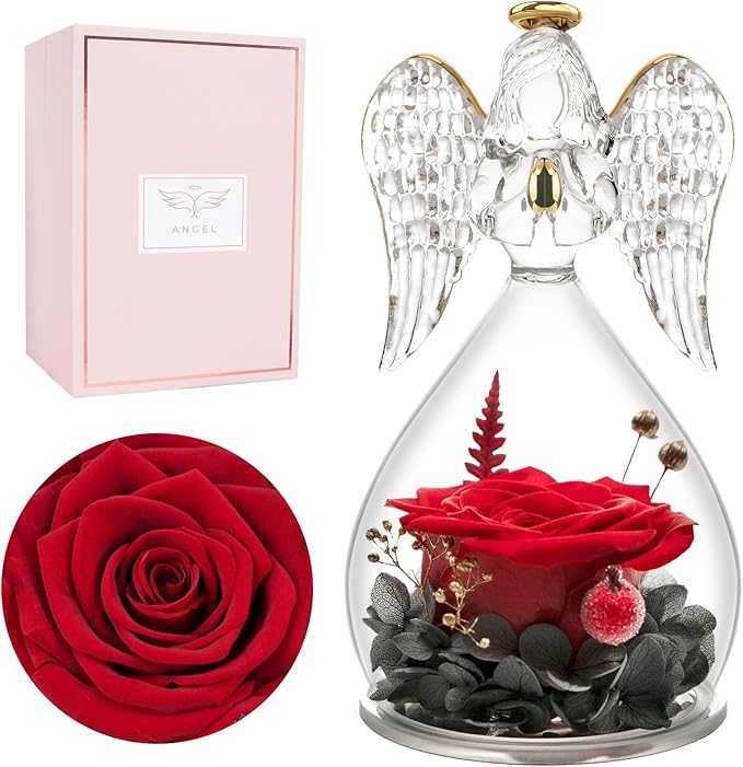 Miofula Preserved Flower Rose Birthday Gifts for Mom, Angel Figurines with Forever Real Rose Gifts for Her Mom Grandma, Unique Angels Gifts for Mothers Day Christmas Anniversary Birthday (Red)