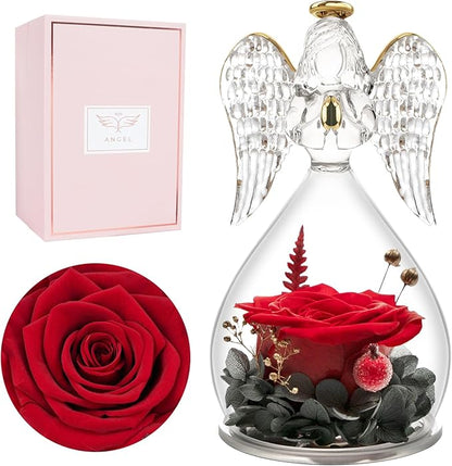Miofula Preserved Flower Rose Birthday Gifts for Mom, Angel Figurines with Forever Real Rose Gifts for Her Mom Grandma, Unique Angels Gifts for Mothers Day Christmas Anniversary Birthday (Red)
