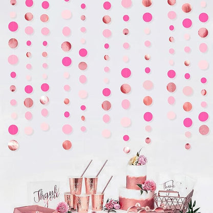 Hot Pink Rose Gold Party Decorations Circle Dots Garland Hanging Polka Dot Streamer for Girls Birthday Bachelorette Baby Shower Wedding Bridal Shower Anniversary Hen Party Supplies