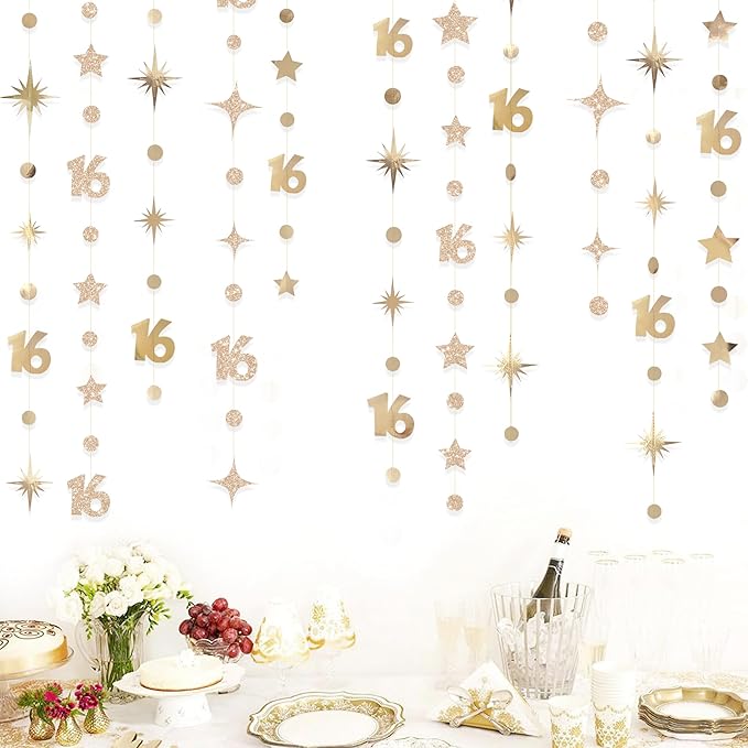 Champagne Gold Number 16 Circle Dot Twinkle Star Garland Streamer Bunting Banner Backdrop Decorations for Girls Happy 16th Birthday Sweet Sixteen 16th Anniversary Cheers to 16 Years Party Decor