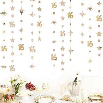 Champagne Gold Number 16 Circle Dot Twinkle Star Garland Streamer Bunting Banner Backdrop Decorations for Girls Happy 16th Birthday Sweet Sixteen 16th Anniversary Cheers to 16 Years Party Decor