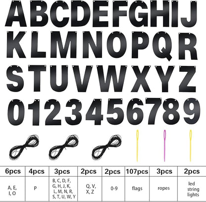 TaoBary 112 Pcs DIY Letter Kit Glitter Customizable Banner Letters Include 107 Letters and Numbers 3 Rope and 2 Needles for Birthday Halloween Christmas Wedding Valentine Party Decor(Bright Black)