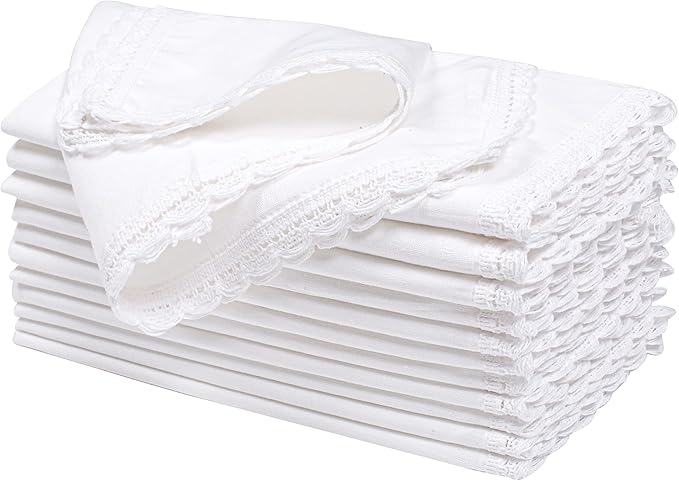 Cloth Napkins Reusable White Christmas Cloth Dinner Napkins Set of 12 Cotton Flax Fabric Oversized 20x20 Inches Cloth Napkins with Lace for Parties Washable Cocktail Napkins Thanksgiving Decor
