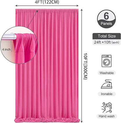 24 x 10ft Hot Pink Backdrop Curtains for Girls Party Photo Background Curtains Wrinkle Free Drapes for Backdrop Long Curtain for Wedding Bridal Shower Valentine's Day Birthday Baby Shower, 6 Panels