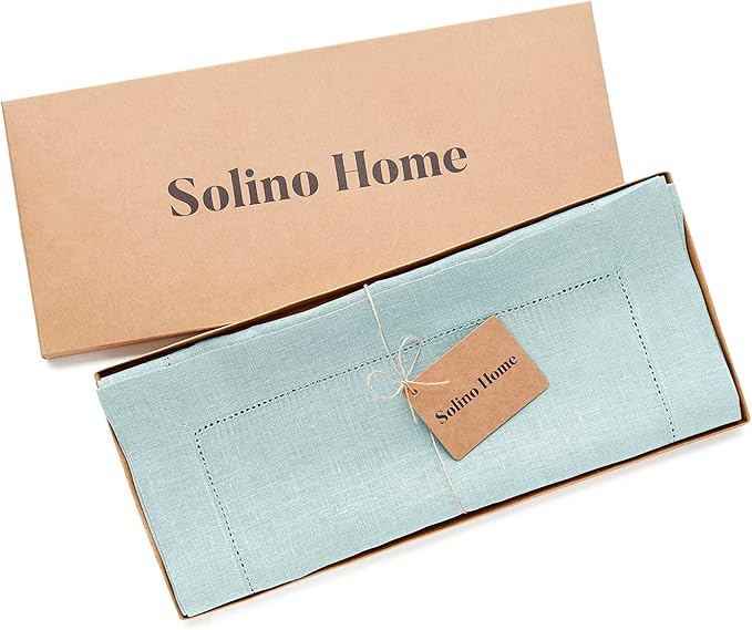 Solino Home Linen Aqua Blue Table Runner 90 Inches Long - 100% Pure Linen Hemstitch 14 x 90 Inch Table Runner for Dining, New Year - Classic Hemstitch
