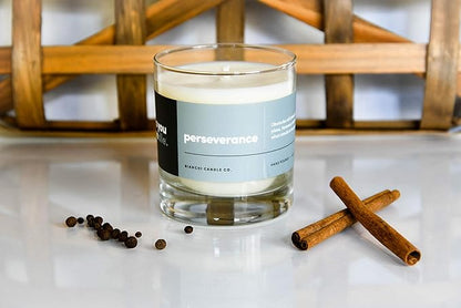 Perseverance, Teakwood & Spices, Highly-Scented, Inspirational Soy Candle, Made in USA, Great Message, Pure Essential Oils, Aromatherapy, 8 oz