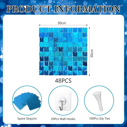 48 PCS Lake Blue Shimmer Wall Backdrop, Laser Square Sequin Photo Backdrops Panel, Glitter Wall Background for Birthdays, Weddings, Halloween, Engagements, Disco Bachelorette Party Decoration (6x8FT)