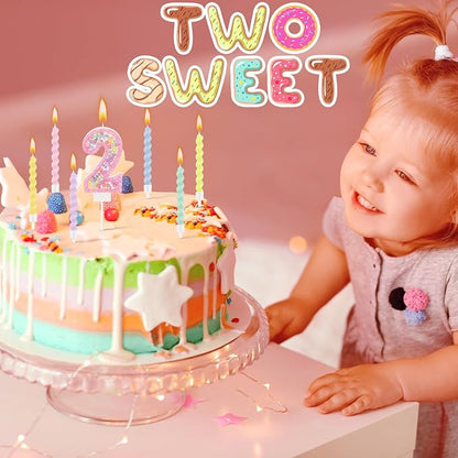 MTLEE Birthday Candle Macaron Glitter 3D Number Candle with 12 Pcs Rainbow Spiral Candles in Holders for Girl Boy Cake Topper Wedding Anniversary Pastel Sweet Theme Party Decoration(Pink,Number 2)