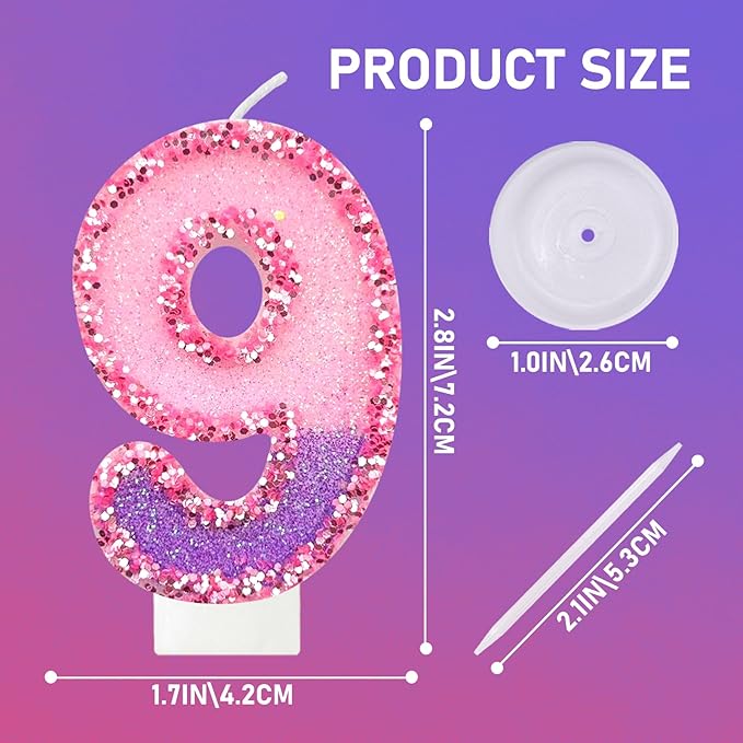 Birthday Number Candles for Cake, Pink Purple Glitter Number Candles for Cake Toppers, Ideal Birthday Parties Cake Decor, Wedding Anniversary and Other Celebrations (9 Candle)