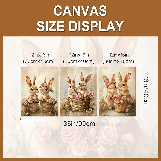 PoGoXiPoYo 3 Pieces Canvas Wall Art Cute Bunny and Rose Flowers Pictures Print Vintage Painting Farmhouse Rabbit Couple Artwork Easter Themed Wall Decor for Bathroom Bedroom Kids Room 12"x16"x3