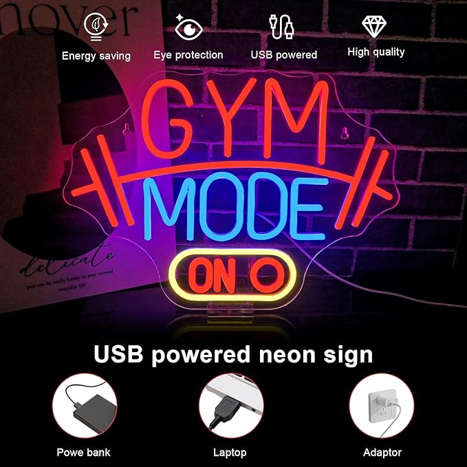 Lucunstar Gym Mode Neon Sign Red Neon Light for Wall Decor Sport LED Sign Dimmable Switch USB Powered with LED Lights for Bussness Man Cave Dumbbell Gym Club Decor