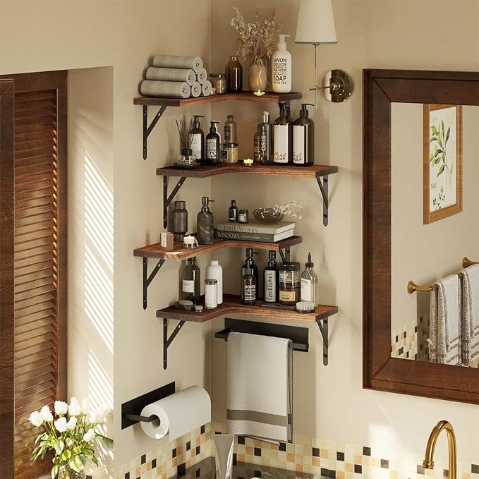 Corner Floating Shelves Wall Mounted Set of 4, Rustic Wood Storage Display Wall Shelves for Home Decor, Bathroom, Kitchen, Bedroom, Living Room, Office (Carbonized Brown)