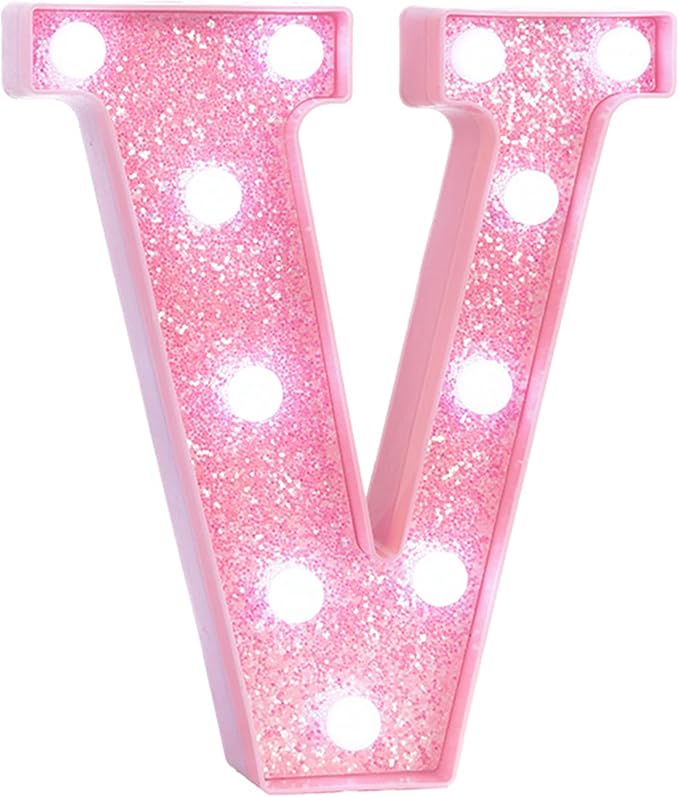 Pink LED Marquee Light Up Letters, Glitter Alphabet Letter Lights for Birthday Party Decorations, Battery Operated Letter Signs for Girls Room Table Decor, Pink letter V with Cool White Lights