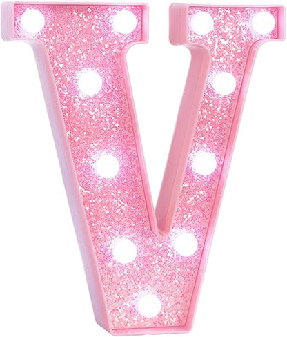 Pink LED Marquee Light Up Letters, Glitter Alphabet Letter Lights for Birthday Party Decorations, Battery Operated Letter Signs for Girls Room Table Decor, Pink letter V with Cool White Lights