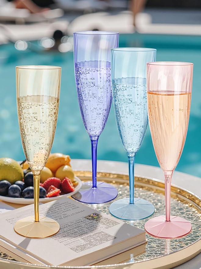 WDF 12PCS Colorful Plastic Champagne Flutes - 6 OZ Colorful Disposable Champagne Flutes - Perfect for Wedding/Parties/Birthday